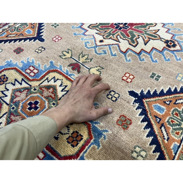 Beige Persian Style Kazak Wool Rug With Blue Border, 4'2" X 5'10" For Sale - Image 10 of 14