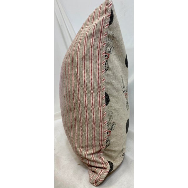 Tan Whimsical Reindeer Wearing Red Glasses Christmas Themed Bolster Pillow With Candy Stripe Back - Made in U K For Sale - Image 8 of 9