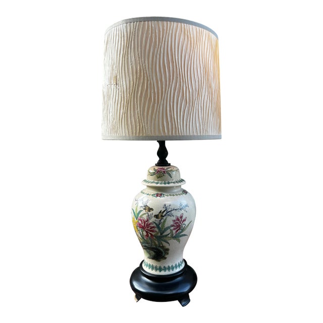 Vintage Hand Painted Floral Table Lamp With Bird Accents- Lampshade Included For Sale