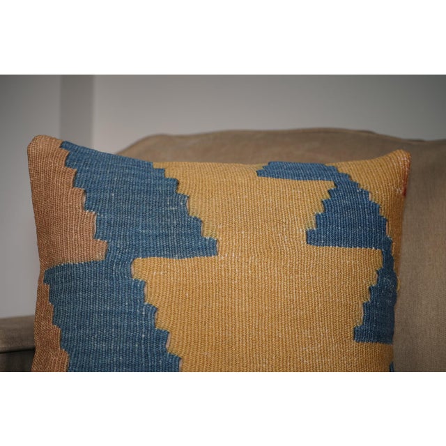 Mustard & Blue Geometric Kilim Pillow – 16x16 Vintage Handwoven For Sale In New York - Image 6 of 7