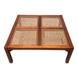 Vintage Mid Century Cane & Glass Wood Fretwork Coffee Table For Sale