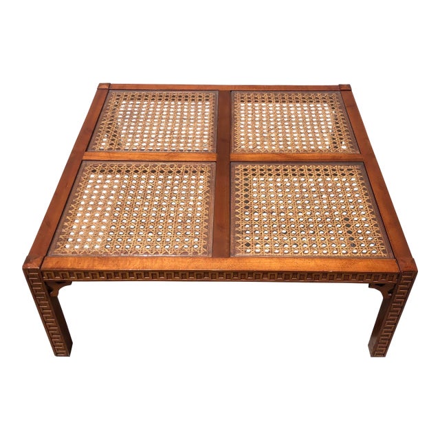 Vintage Mid Century Cane & Glass Wood Fretwork Coffee Table For Sale