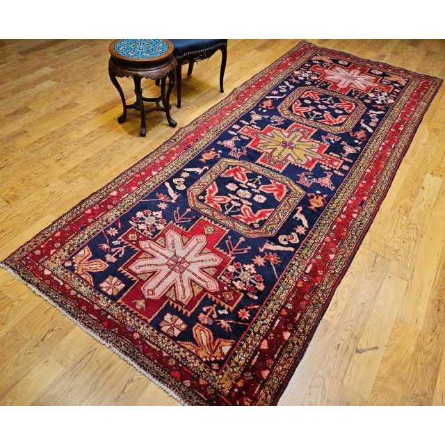 Vintage Persian Hamadan Gallery Rug, Hand-Knotted Wool, Geometric Bird Motifs Design, Navy & Red, 5x11 For Sale - Image 4 of 17