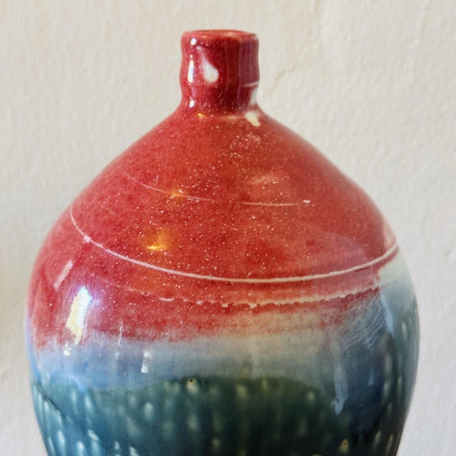 Mid-Century Modern Vintage Hand Thrown California Studio Pottery Vessel in Red and Turquoise by Jean Bliss For Sale - Image 3 of 4