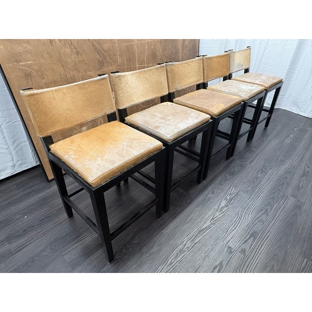 Wood Rh Saddle Hair-on-Hide Counter Stools – Set of 5 Designed by Barlas Baylar | Camel Hair-on-Hide | Black Oak Finish For Sale - Image 7 of 16