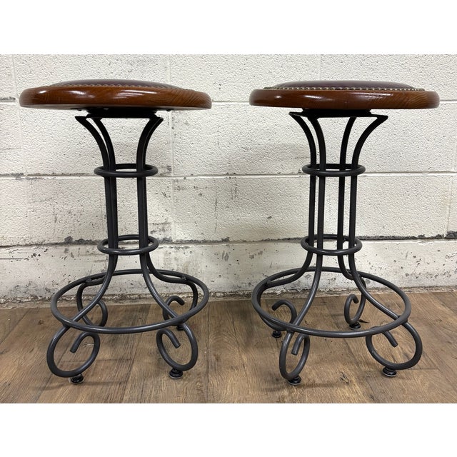 Traditional Vintage Virginia House Oxblood Burgundy Vinyl Nailhead Swivel Backless Barstools For Sale - Image 3 of 15