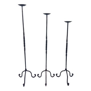 Hand Forged Iron Candelabra Set of 3 (93-113cm) Antique Copper Finish Barley Twist Stem with Wide Scroll Base For Sale