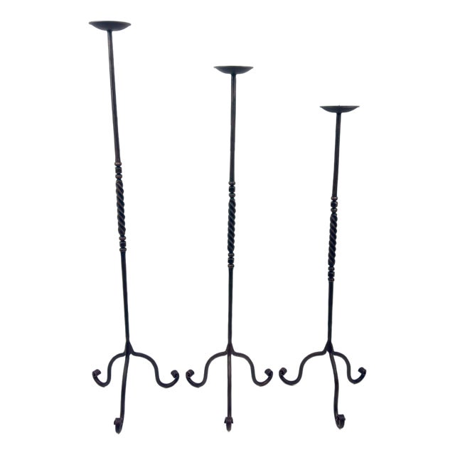 Hand Forged Iron Candelabra Set of 3 (93-113cm) Antique Copper Finish Barley Twist Stem with Wide Scroll Base For Sale