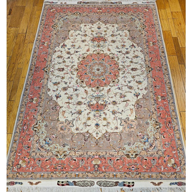 Celadon Persian Tabriz Rug, Hand-Knotted Wool & Silk, Fine Floral Pattern, Ivory & Salmon, 7x10 For Sale - Image 8 of 17