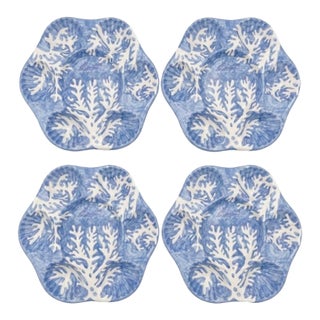 Italian Les Ottomans Hand-Painted Blue Coral Oyster Plates - Set of 4 For Sale