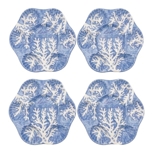 Italian Les Ottomans Hand-Painted Blue Coral Oyster Plates - Set of 4 For Sale
