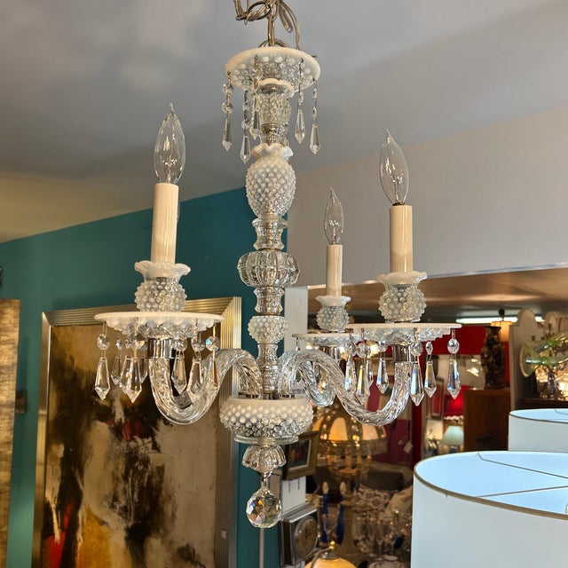 Crystal and White Glass Hobnail Chandelier For Sale - Image 4 of 11