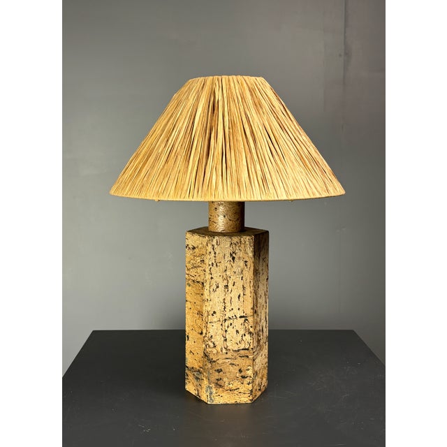 Beige Mid-Century Boho Cork Table Lamp with Raffia Shade in the style of Ingo Maurer, 1970s For Sale - Image 8 of 18
