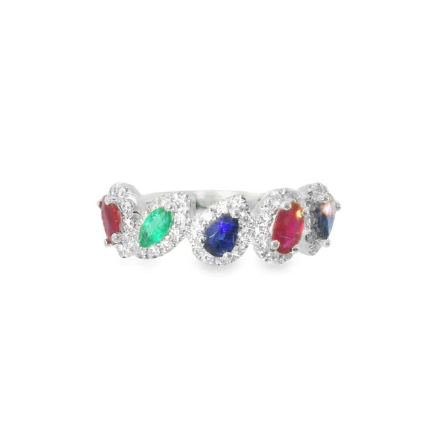Art Deco 18K White Gold Ruby Sapphire Emerald Diamond Band Ring Estate For Sale - Image 3 of 3