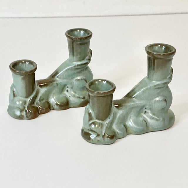 Aqua 1950s Vintage Boho Chic Americana Arts & Crafts Frankoma Pottery Double Arm Candlestick Holders - A Pair For Sale - Image 8 of 18