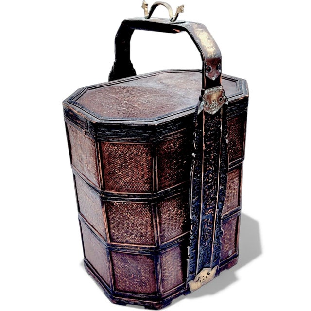 1950's 3 Tiered Octagonal Brass Handled Chinese Wedding Basket For Sale - Image 18 of 18