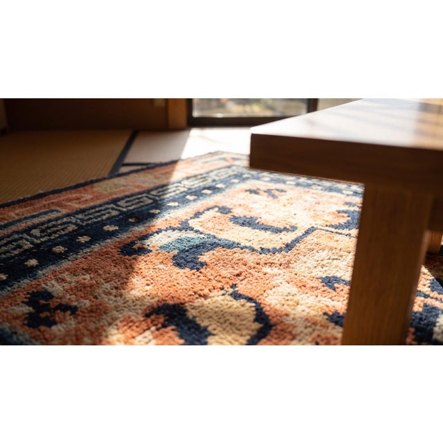 Wonderful Brick Red Background With Special Blue and Beige Color Geometric Desing Antique Chinese Ningxia Rug For Sale - Image 12 of 13
