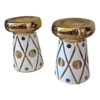 Hollywood Regency Style Ceramic Mushroom Side Tables With Gold Harlequin & Polka Dot Pattern - A Pair For Sale