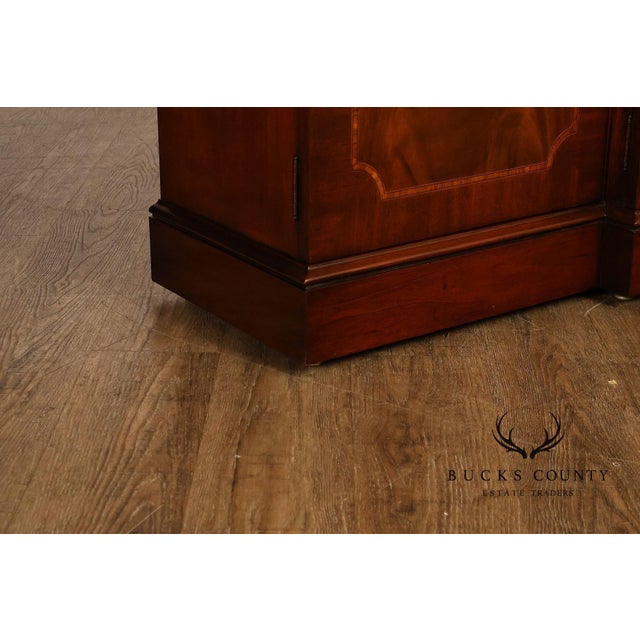 English Karges English Style Mahogany Breakfront China Cabinet Display Bookcase with Carved Pediment and Silk Backing For Sale - Image 3 of 18