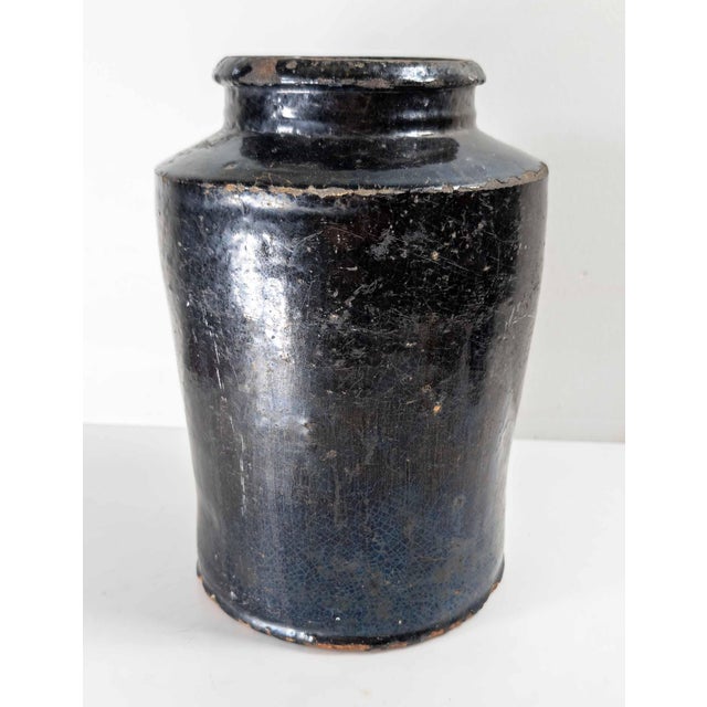 19th Century Rustic Primitive Black Glazed Redware Storage Jar For Sale In New York - Image 6 of 12