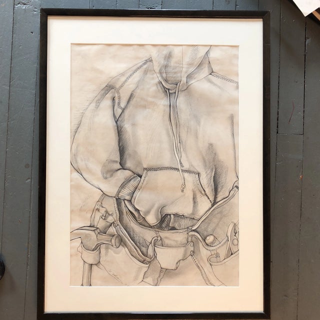 Cream Original Vintage 1970’s Large Workmen Pencil Drawing Signed For Sale - Image 8 of 8