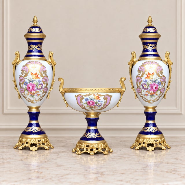 Elegant three-piece French-style garniture set featuring two matching covered porcelain vases and a coordinating central...