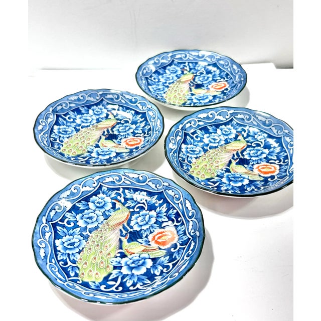 Ceramic 1970s Japanese Peacock Blue Floral Dessert Plates – Chinoiserie Style – Set of 4 For Sale - Image 7 of 10