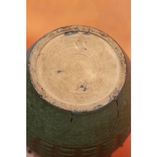 1920s Art Deco Green Glazed Stoneware Vase with Incised Geometric Decor and Small Dots by Charles Gréber for Beauvais Manufactory, 1920s For Sale - Image 5 of 10