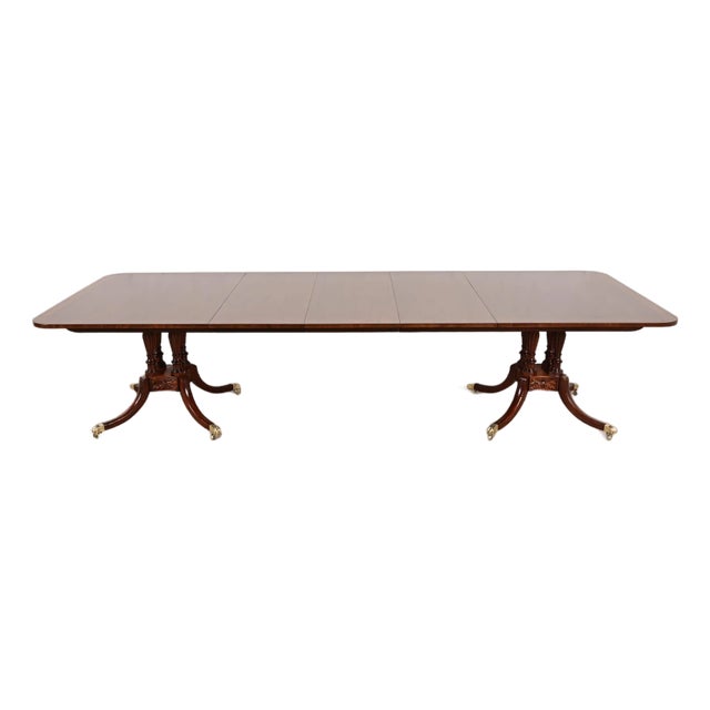 Baker Furniture Historic Charleston Georgian Banded Mahogany Double Pedestal Extension Dining Table, Newly Refinished For Sale
