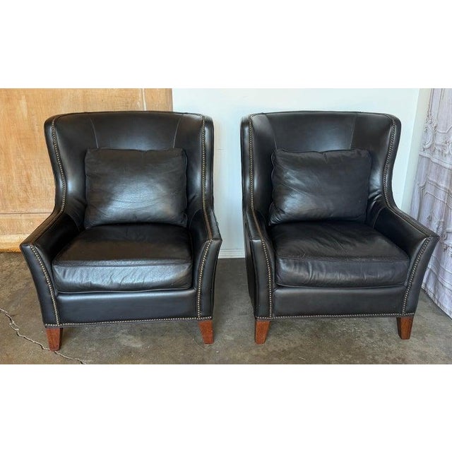 Modern Pair of Thomasville Black Leather Wingback Lounge Chairs For Sale - Image 3 of 17