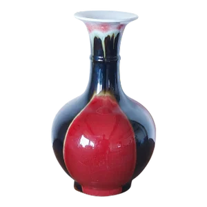 Mid-Century Chinese Porcelain Vase in Antique Ox-Blood, Black and Green Flambe Glaze