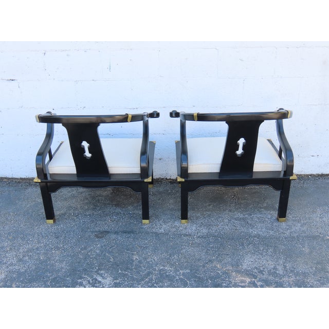 Hollywood Regency Hollywood Regency Ming Style Painted Black Lounge Side Chairs a Pair 6359 For Sale - Image 3 of 15