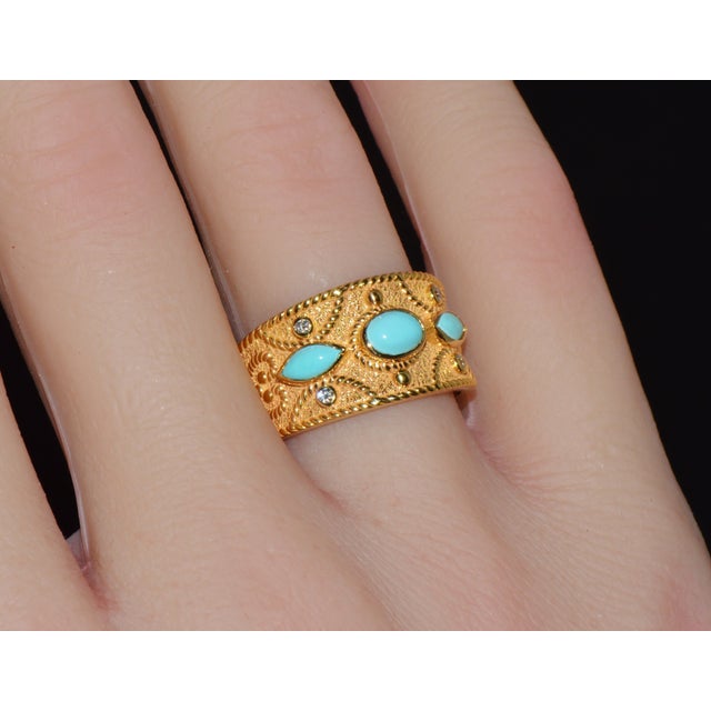 Sky Blue Natural Diamond Turquoise 18k Solid Gold Byzantine Beaded Greek Ring Stacking Band Ring, Size 6 For Sale - Image 8 of 14