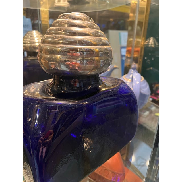 1970s French Blue Biomorphic Glass Bottle With Silver Top For Sale - Image 4 of 8