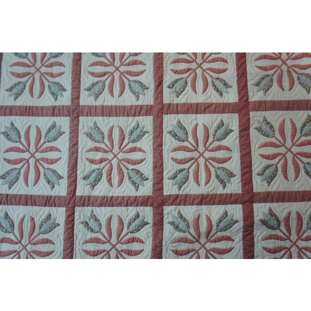 Vintage Hand Stitched Geometric Folk Art Tulips King Queen Blanket Bedspread Quilt For Sale - Image 6 of 13