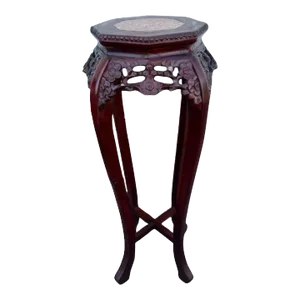 Vintage Chinese Carved Rosewood Marble Top Plant Stand