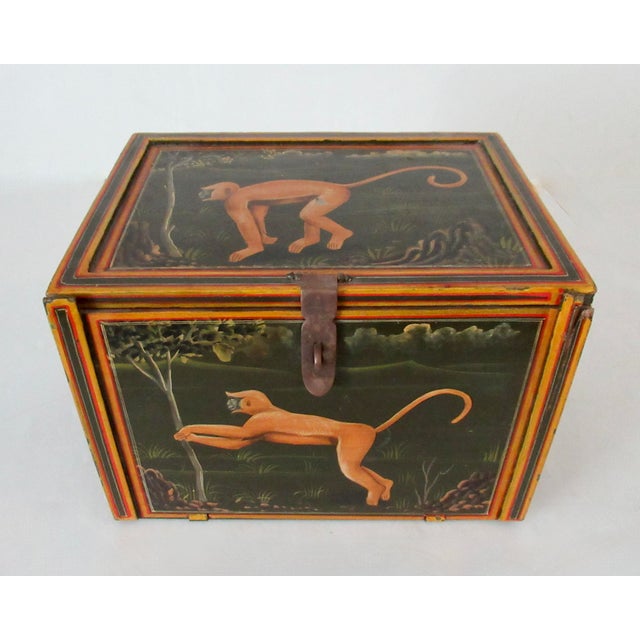 English Vintage Anglo-Indian Hand-Painted & Crafted Wood and Brass Apothecary and/or Storage Box For Sale - Image 3 of 18