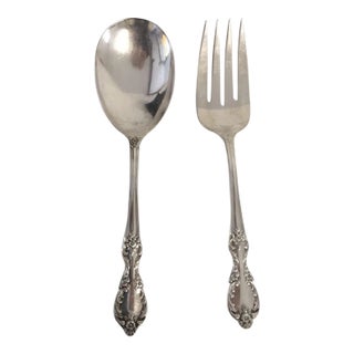 Rose Pattern Serving Utensils Fork & Spoon- A Pair For Sale