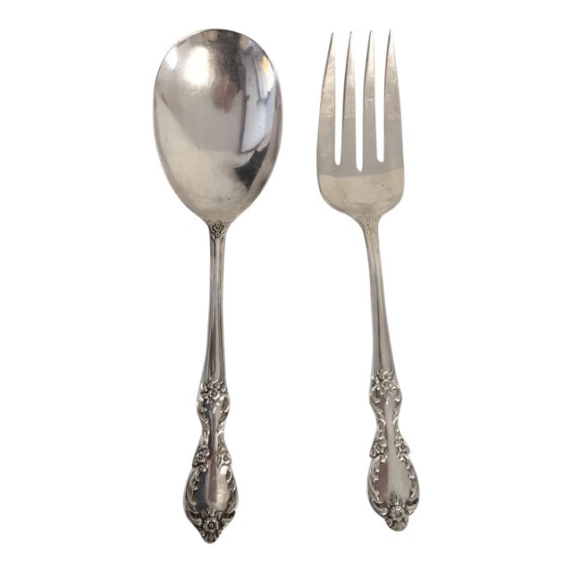 Rose Pattern Serving Utensils Fork & Spoon- A Pair For Sale