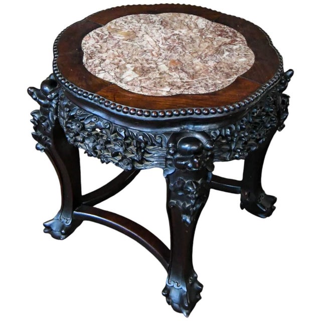 Chinese Mid 20th Century Chinese Octagon Rosewood Hand-Carved Pink Marble Top Table For Sale - Image 3 of 7