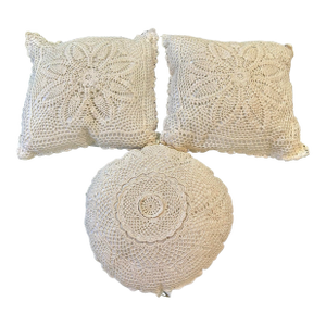 Vintage Set of 3 Soft White Cotton Crochet Lace Flower Accent Pillows