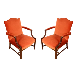 Pair Newly Upholstered Orange Velvet George III Arm Chairs