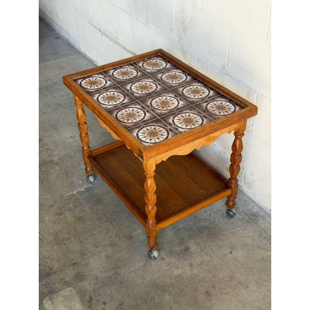 Mid-Century Modern Oak Rolling Bar Cart Patterned Tile Top Serving Tea Trolley in Style of Henning Kjaernulf Denmark 1960s For Sale - Image 3 of 9