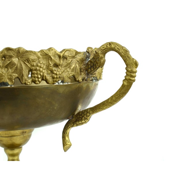 Tall Mid 20th Century Solid Brass Large Pedestal Bowl With Grape Vine Design and Handles Centerpiece For Sale - Image 6 of 7