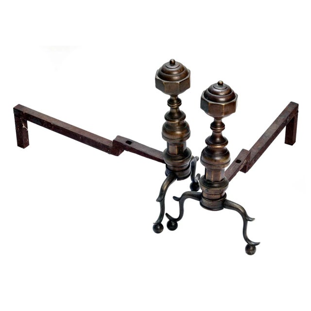 Early 20th Century Arts & Crafts Style Brass & Iron Andirons- a Pair For Sale In Los Angeles - Image 6 of 7