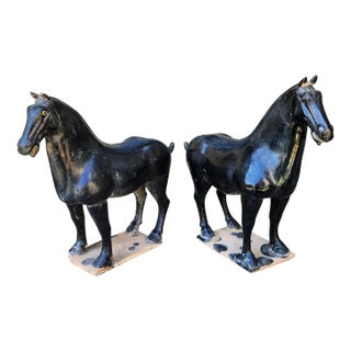 Large 1990s Chinese Black Tang Horses- a Pair For Sale