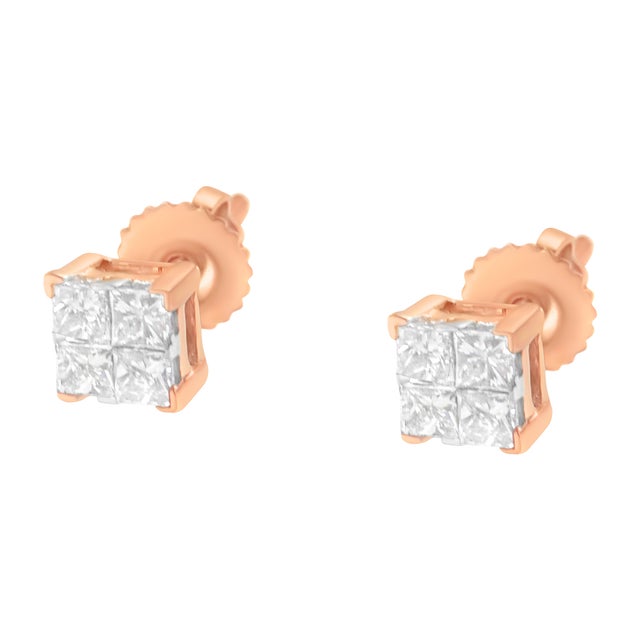 10K Rose Gold Diamond Square Stud Earring (1/2 cttw, I-J Color, I1-I2 Clarity) For Sale - Image 4 of 6
