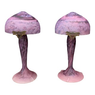 French La Rochere Art Nouveau Mushroom Table Lamps With Dragonflies -a Pair For Sale