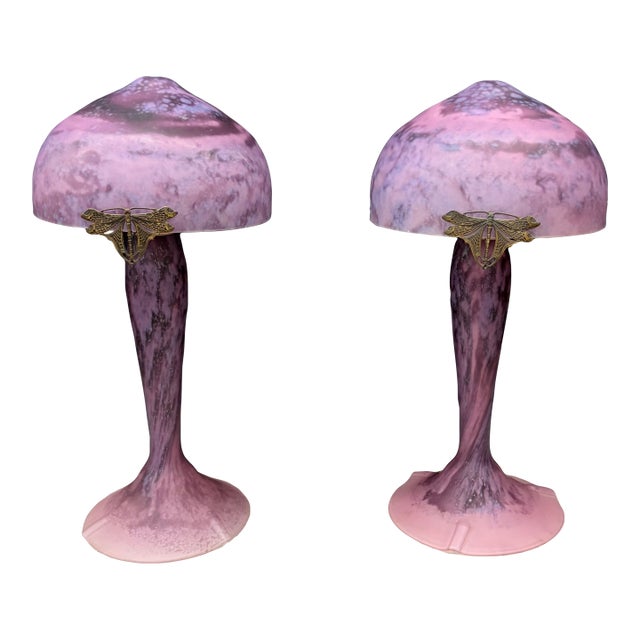 French La Rochere Art Nouveau Mushroom Table Lamps With Dragonflies -a Pair For Sale