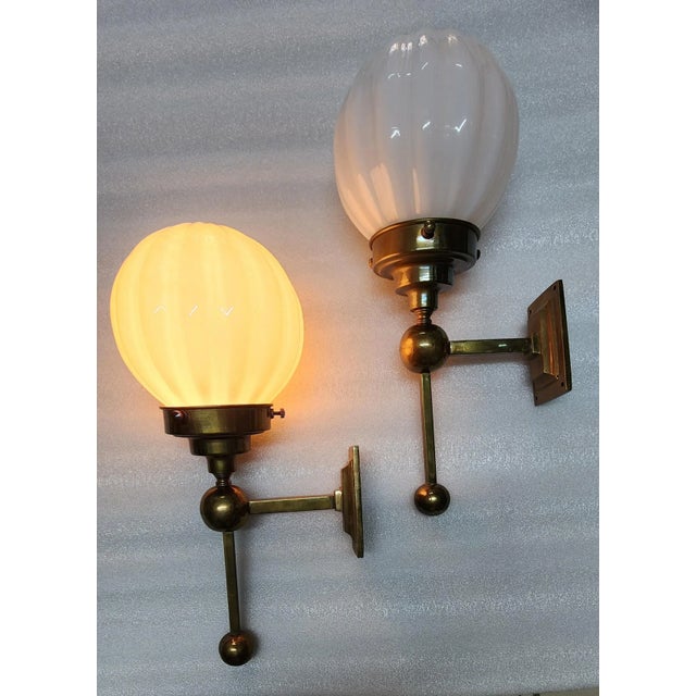 Pair Vintage Art deco light Old Lamp Wall Sconces Fixture Brass & Ribbed Milk Glass Shade Ship Light Excellent Working...